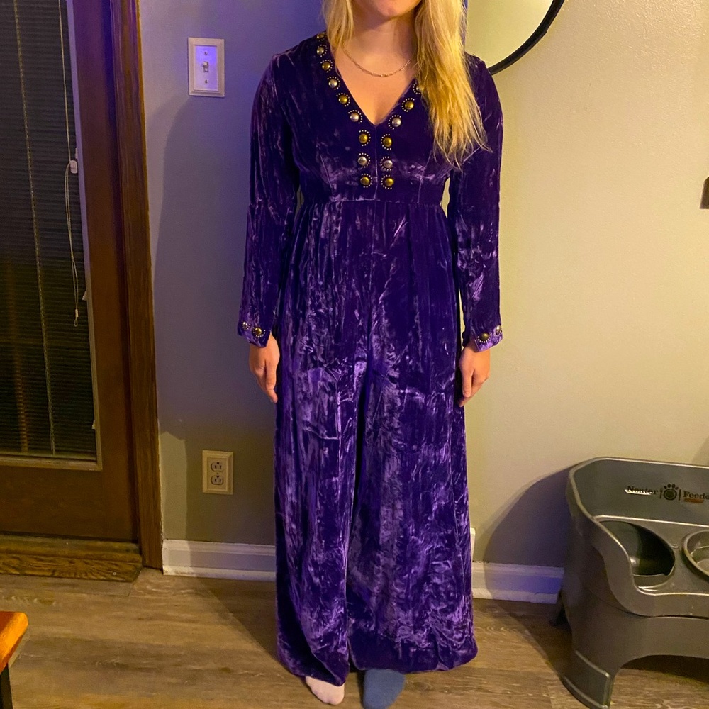 1960 Vivid Purple Velvet Jumpsuit with Gold & Silver Metal Stud Embellishments